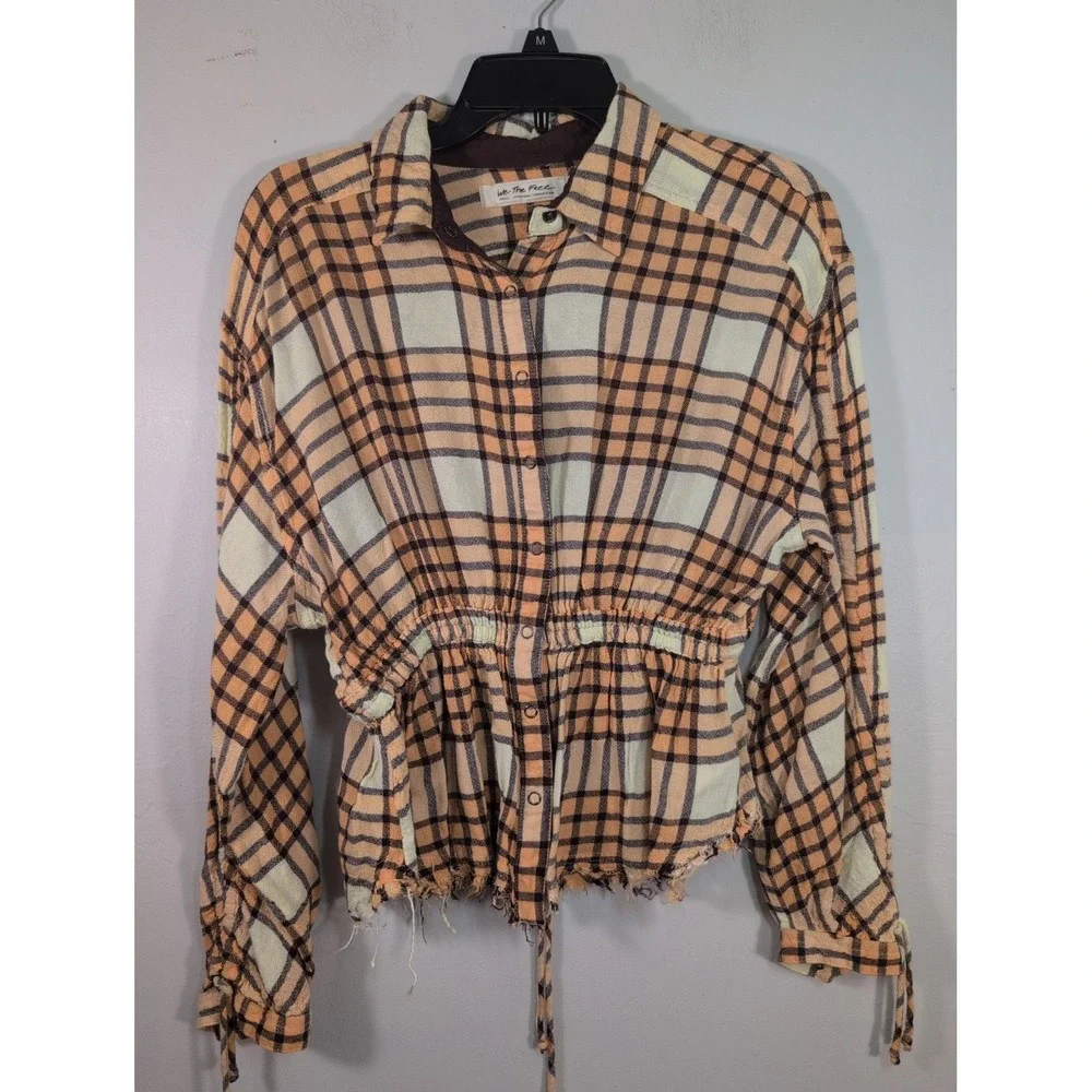 $118 Free People Pacific Dawn Plaid Shirt Peach Tree Plaid Snap Button Down S
